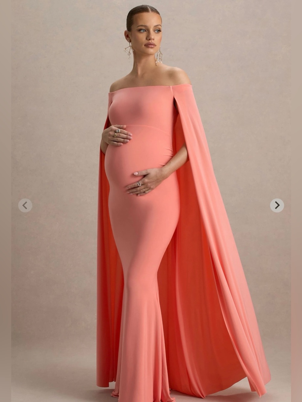 RADIANCE
Coral Bardot Maternity Maxi Dress With Cape